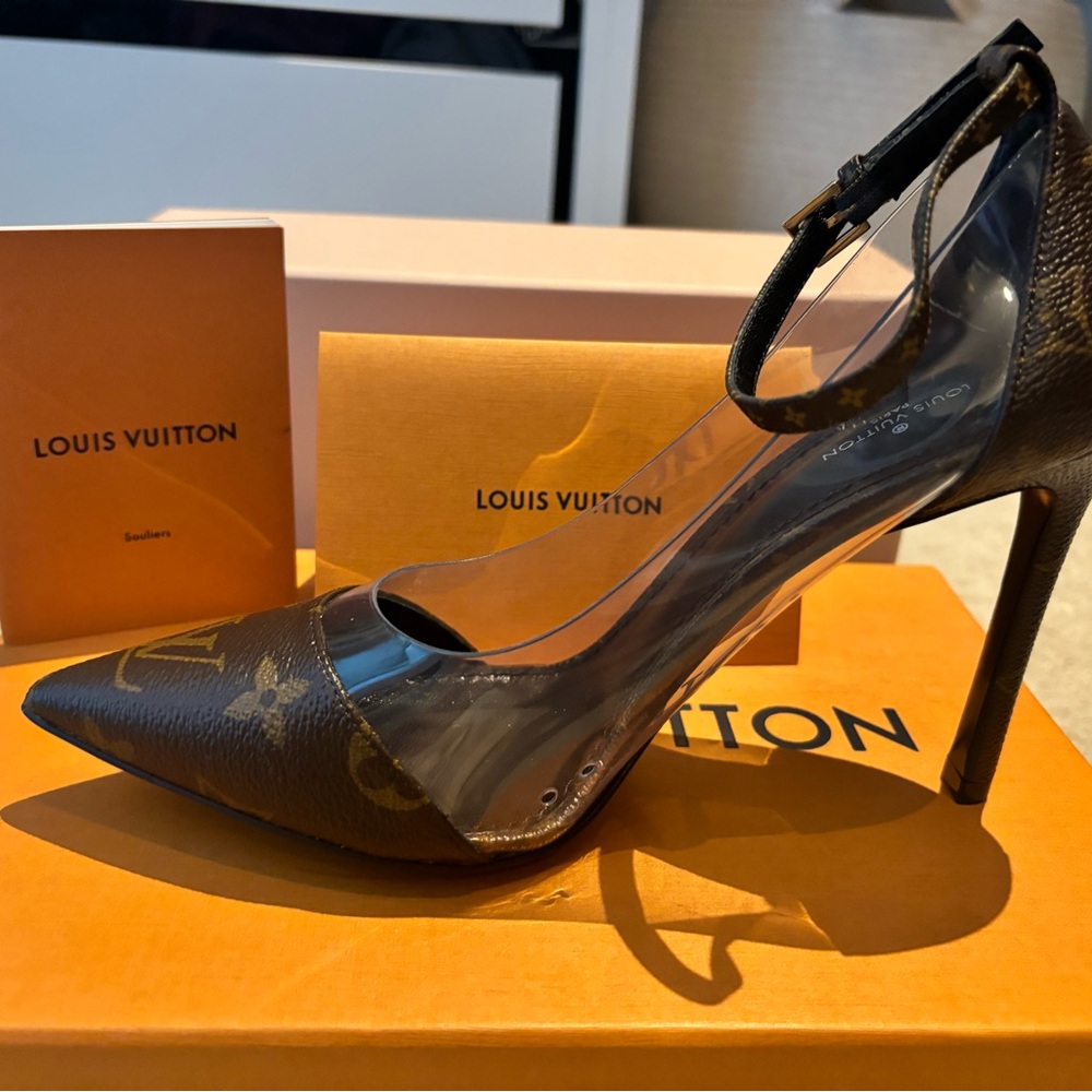 Louis Vuitton Classic Logo Print Brown Stiletto Heels with Ankle Strap